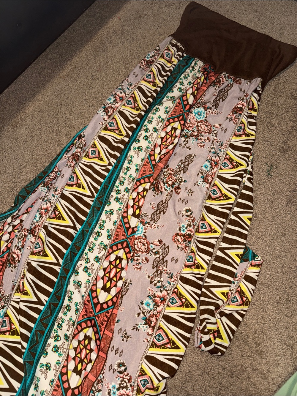 love, Fire Brown Maxi Skirt with Multicolor Boho Stripes